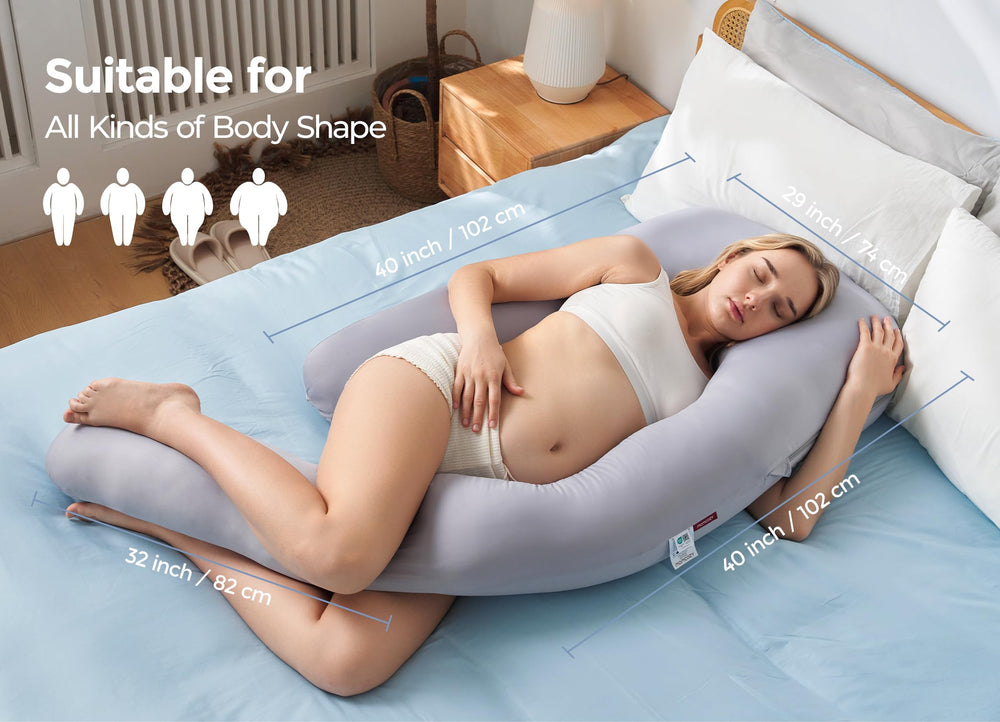 Momcozy length-adjustable pillow extends from 50 to 72 inches for different body types.
