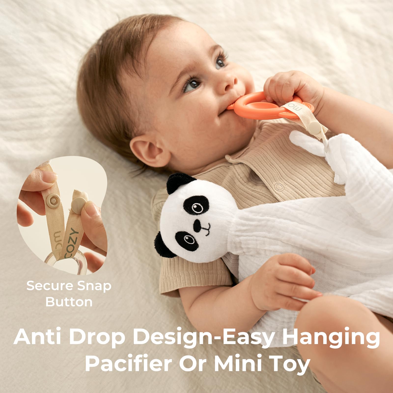 Momcozy Lovey four-knotted-corners invite tactile exploration for babies.