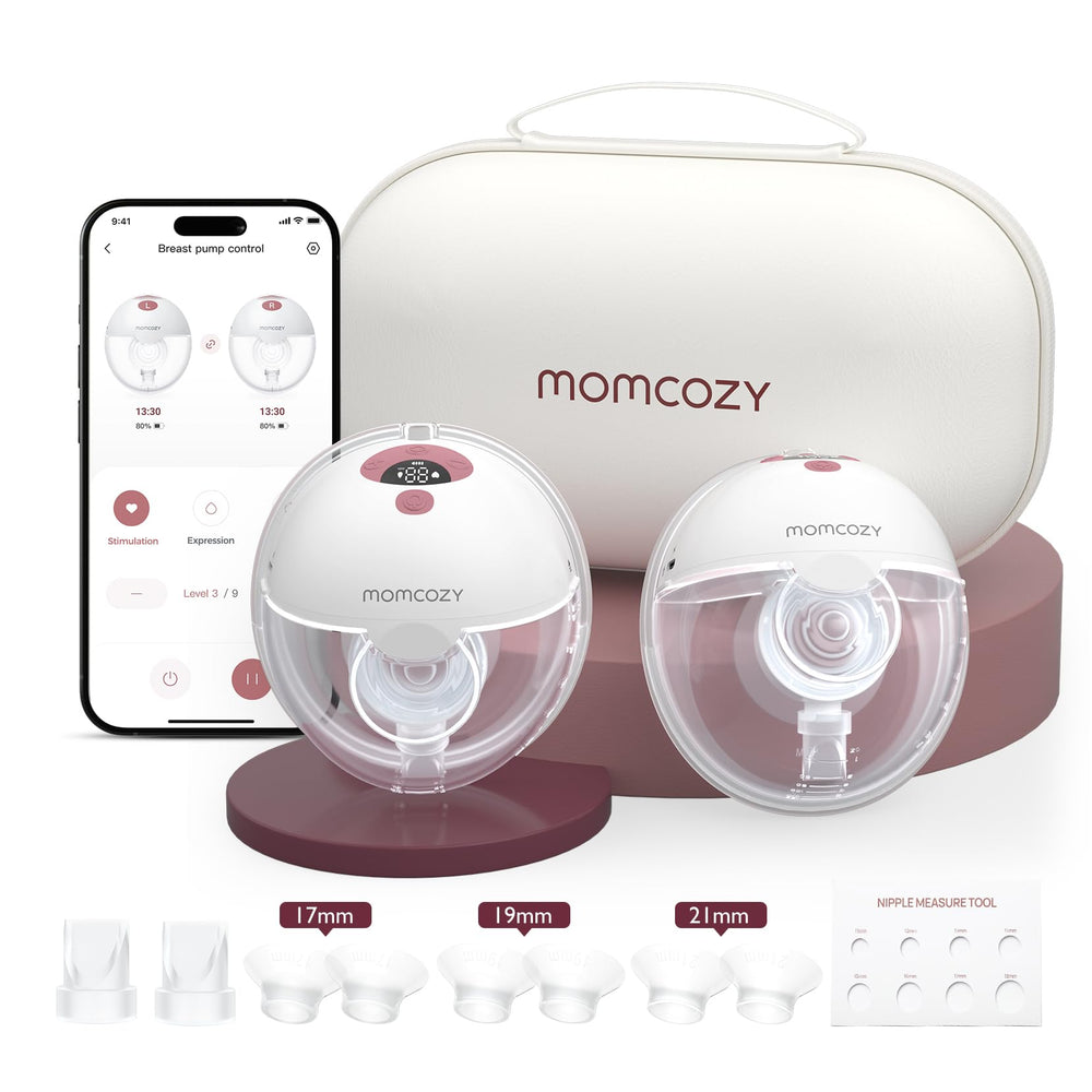 Momcozy M5 Smart app-control image shows convenient phone-adjustable pumping settings