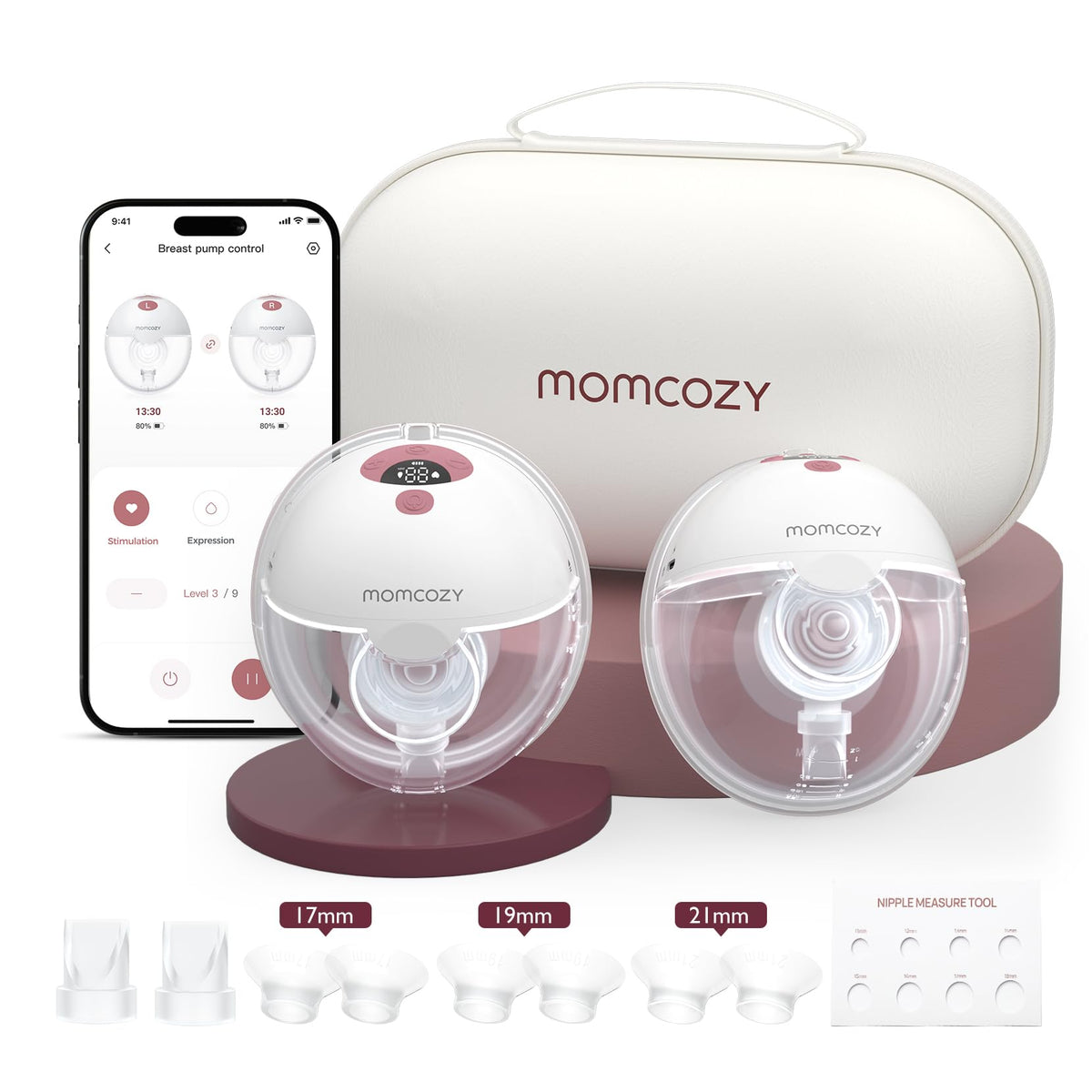 Momcozy M5 Smart app-control image shows convenient phone-adjustable pumping settings