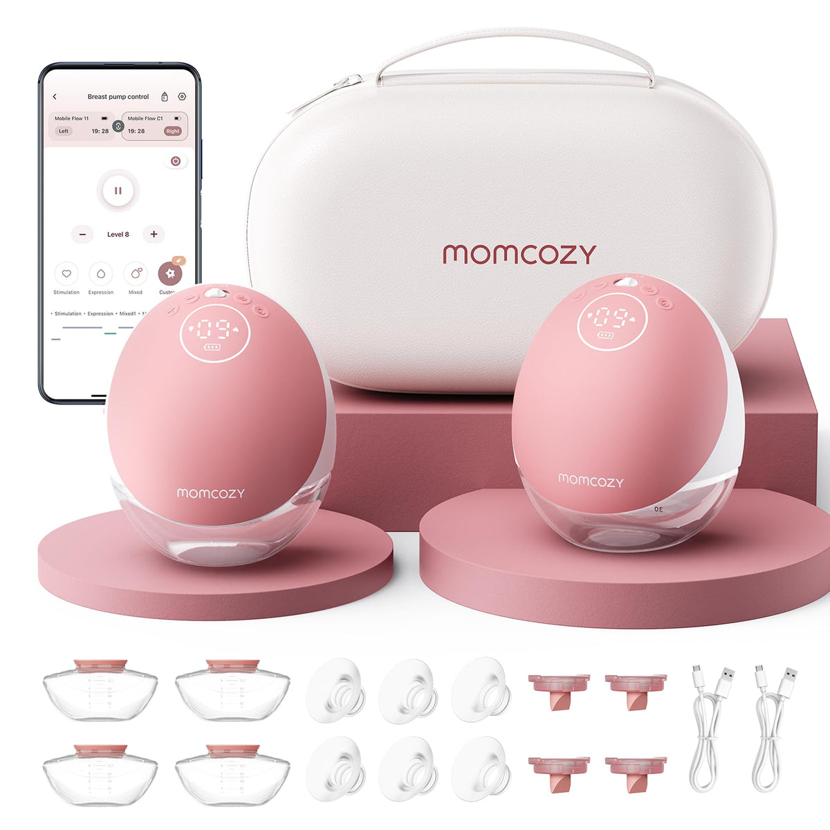 Momcozy M9 wearable pump in bra enables hands-free pumping and discreet use.