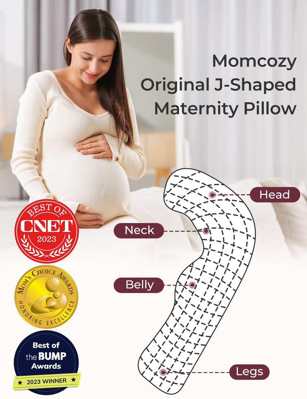 Momcozy maternity pillow provides head and neck support for restful nights