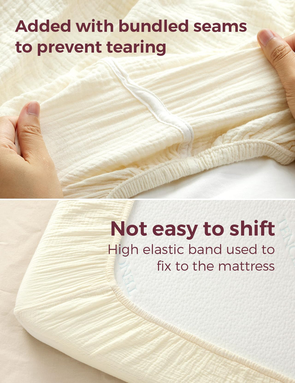 Momcozy Muslin crib sheet with elastic corners demonstrating snug fit on standard cribs.