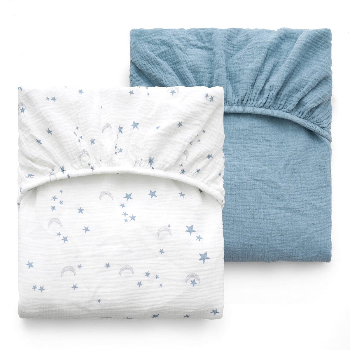 Momcozy blue star moon crib sheet, soft breathable cotton.