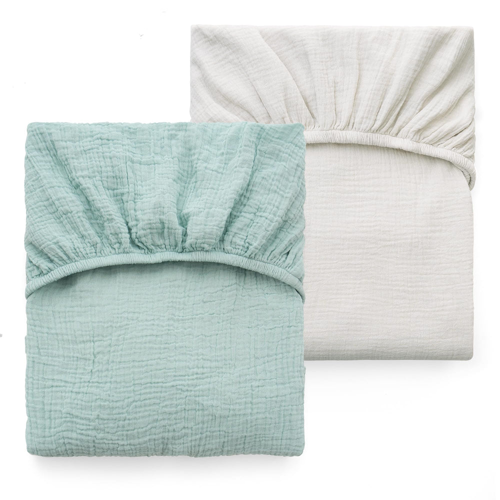 Momcozy muslin fitted crib sheet in green grey with 360 wrap for secure coverage