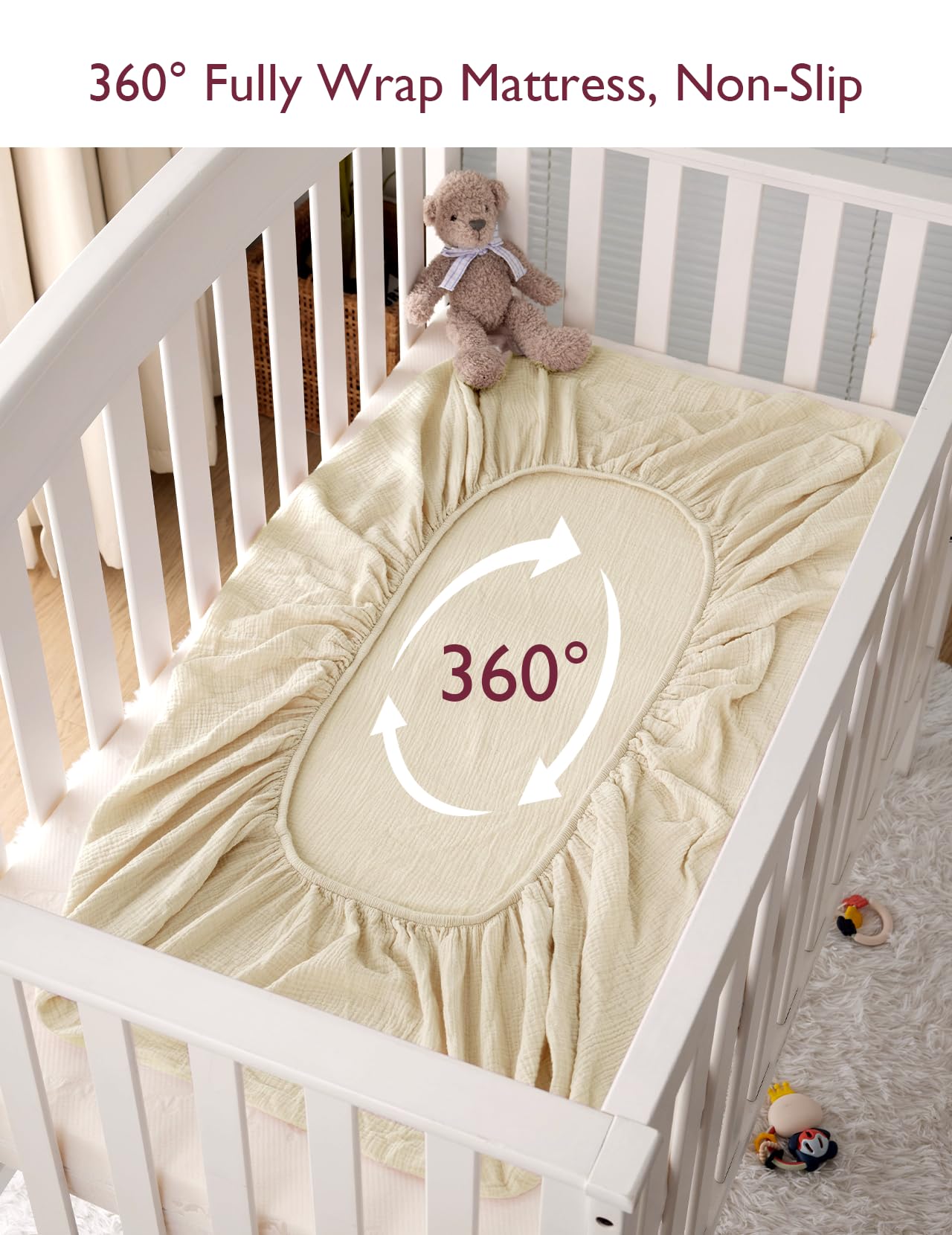 Momcozy Muslin Mini Crib Sheets beige blush color matches modern nurseries