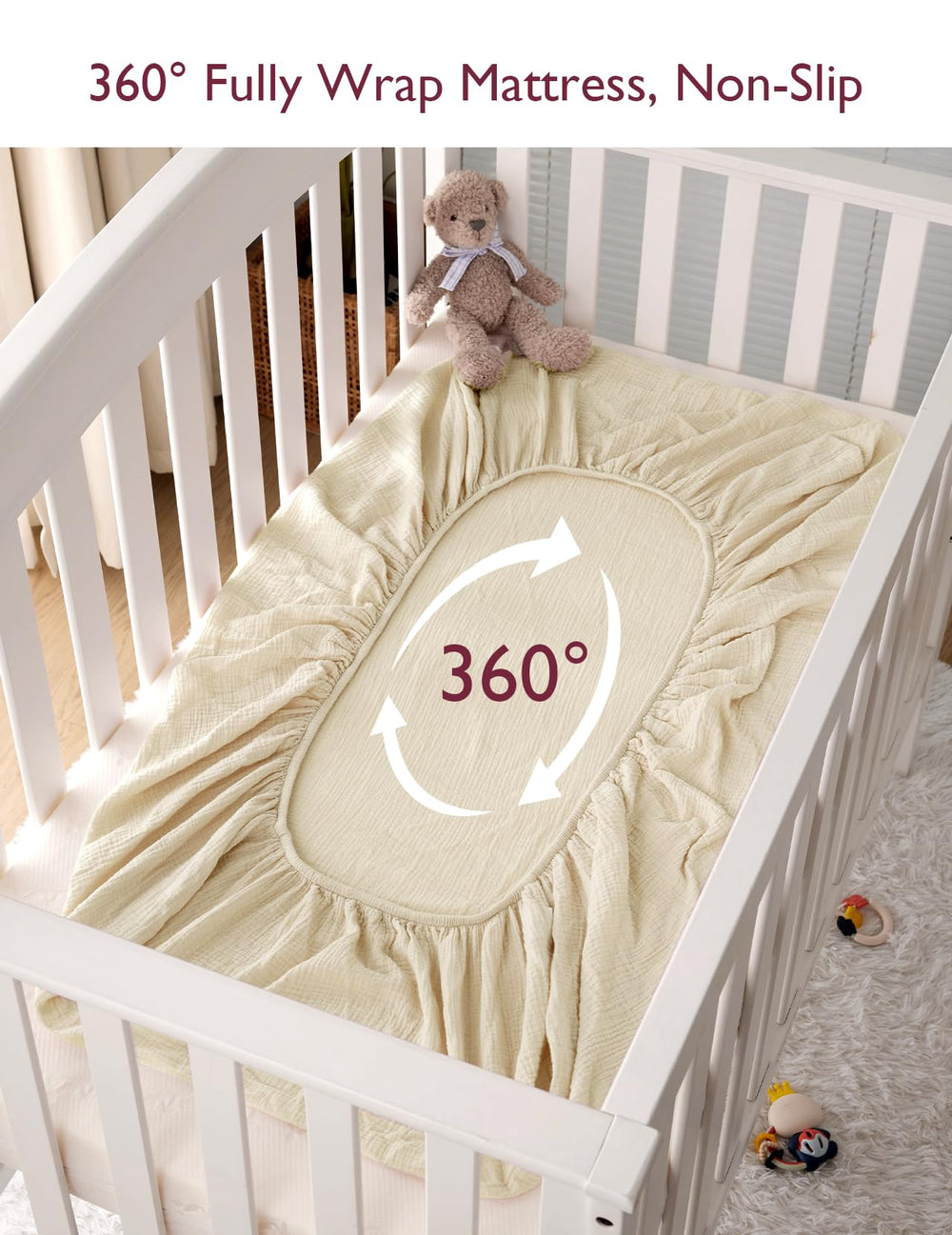 Momcozy Muslin Mini Crib Sheets beige blush color matches modern nurseries