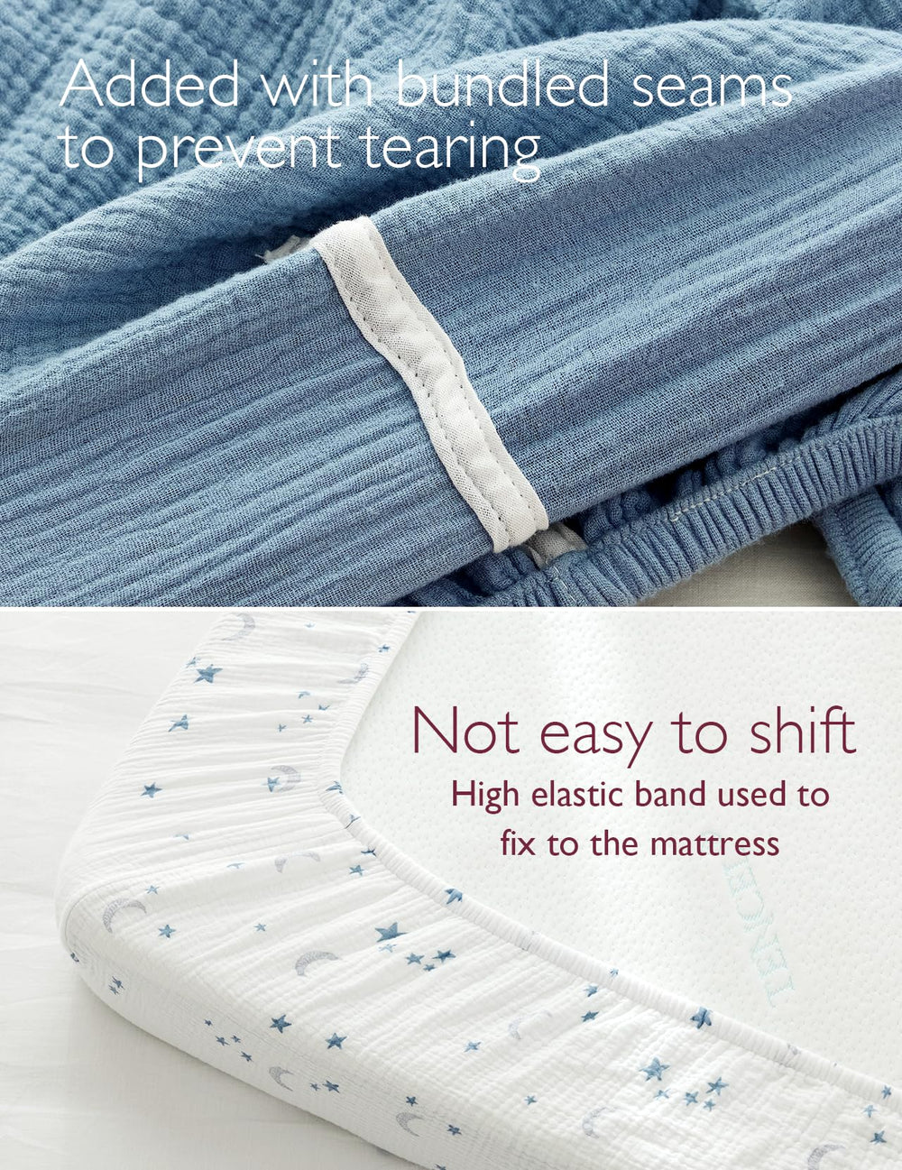 Momcozy Muslin Mini Crib Sheets Fitted—breathable, moisture-absorbing fabric for all-season comfort.