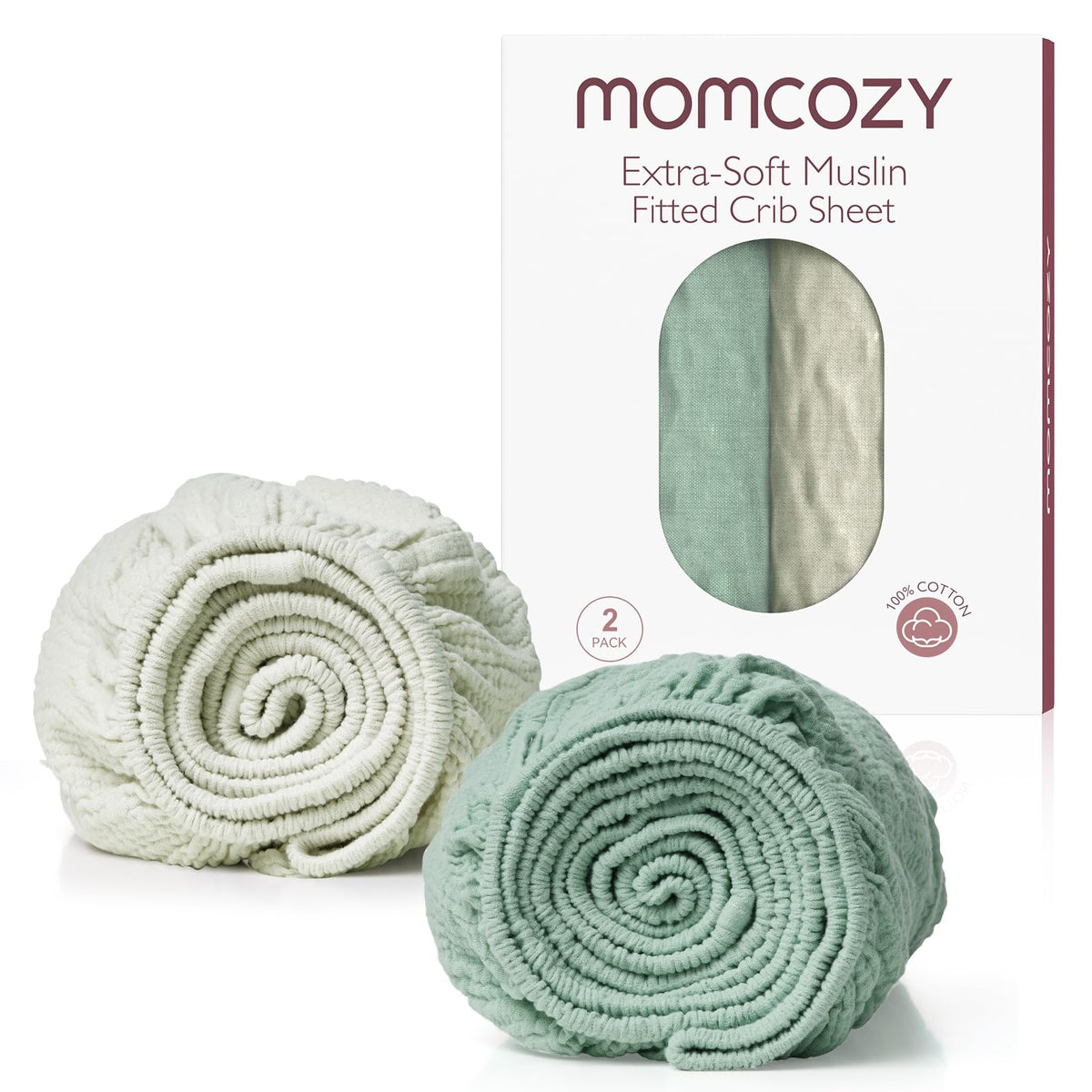 Momcozy muslin mini crib sheet in grey-green on a pack n play, soft and breathable surface.