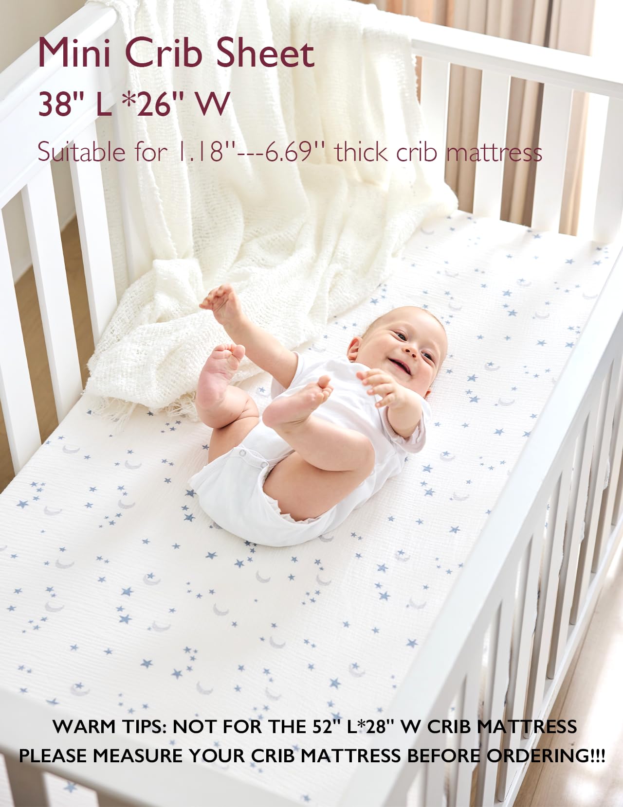 Momcozy Muslin Mini Crib Sheets Fitted—non-slip 360° wrap-around to keep the sheet in place.