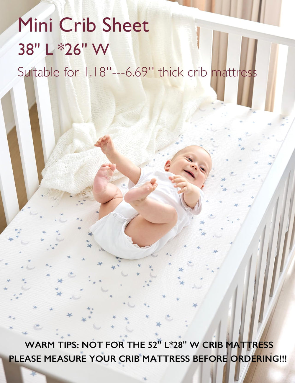 Momcozy Muslin Mini Crib Sheets Fitted—non-slip 360° wrap-around to keep the sheet in place.