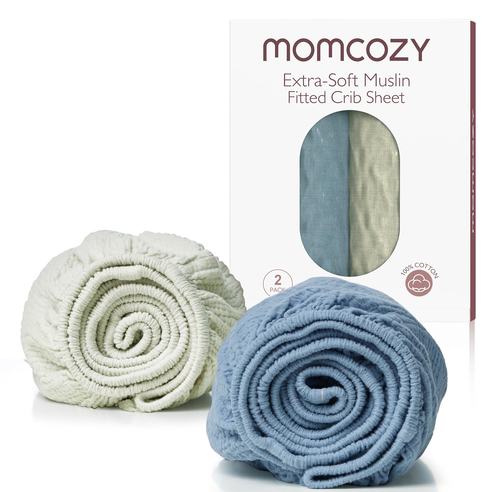 Momcozy mini crib sheet in grey-blue folded on a Pack N Play mattress, soft and breathable.
