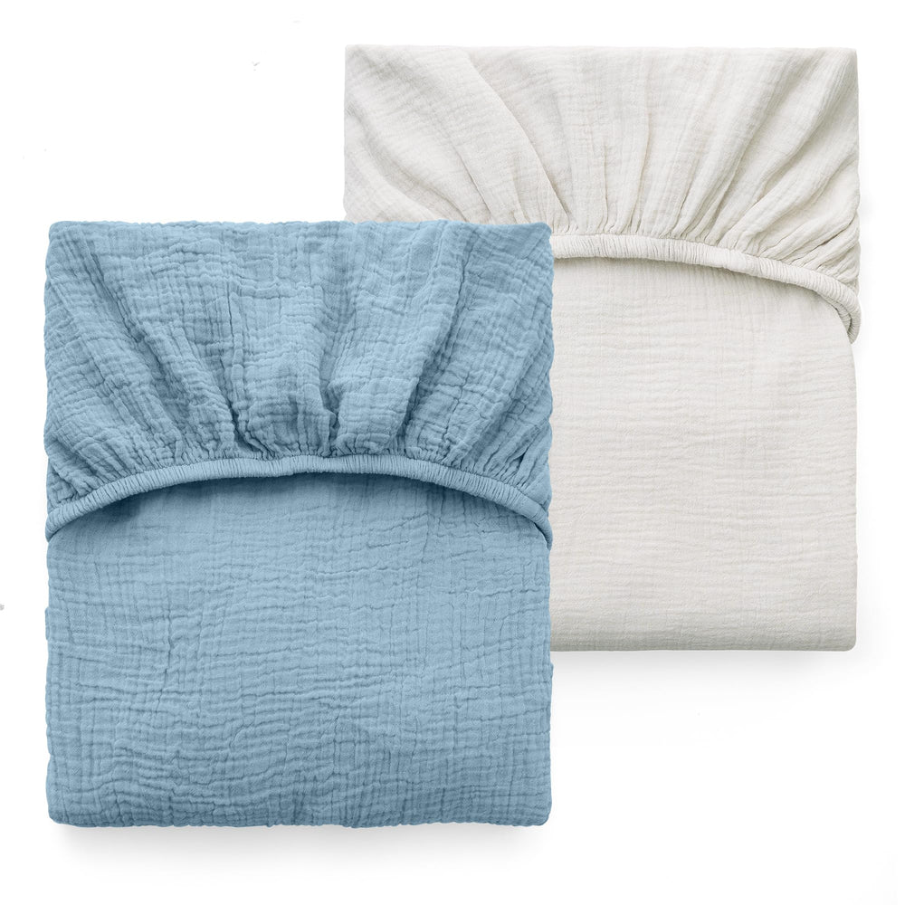 Momcozy muslin fitted crib sheet in gray-blue, soft 100% cotton for gentle baby skin.