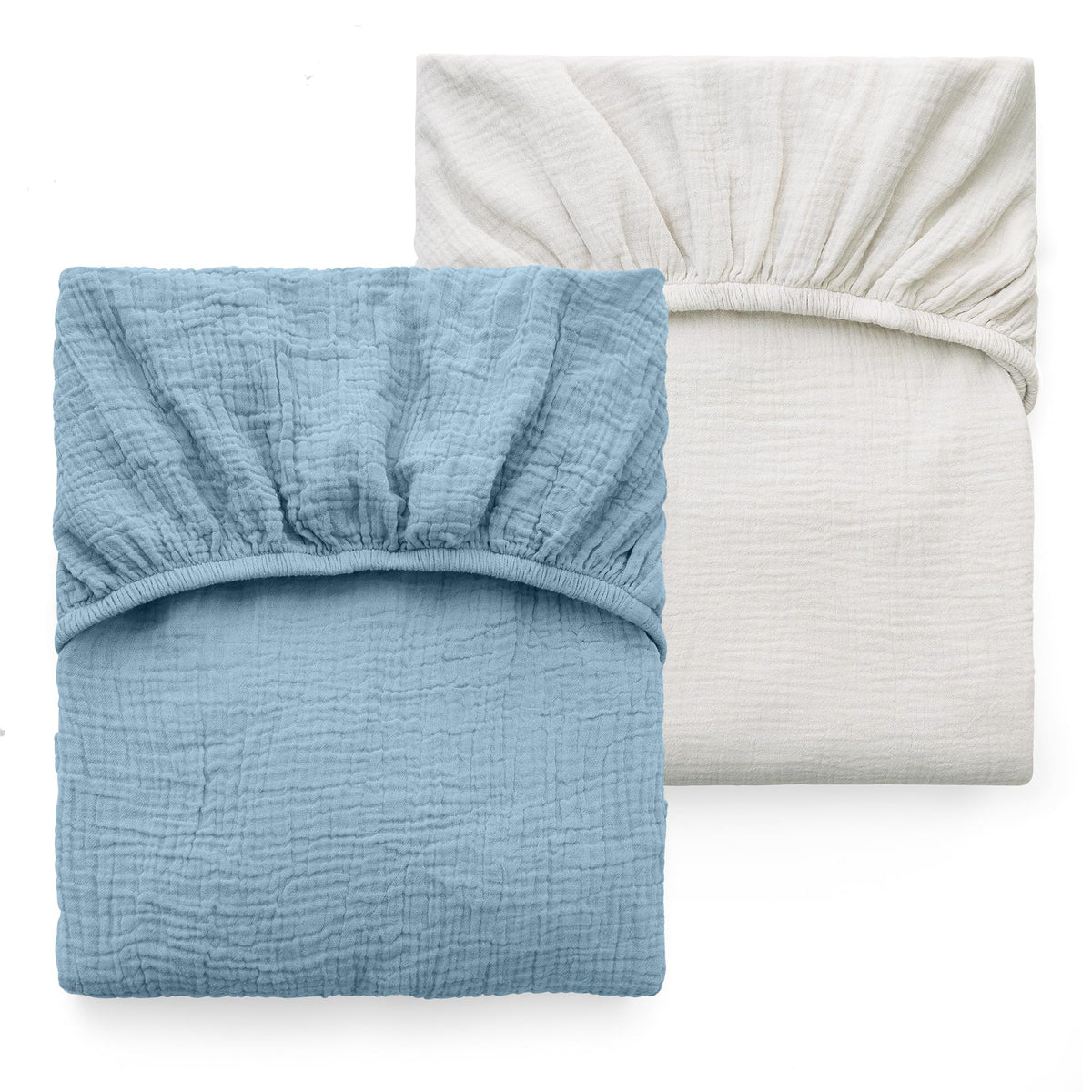 Momcozy muslin fitted crib sheet in gray-blue, soft 100% cotton for gentle baby skin.