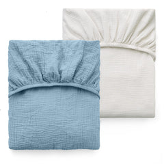 Momcozy muslin fitted crib sheet in gray-blue, soft 100% cotton for gentle baby skin.