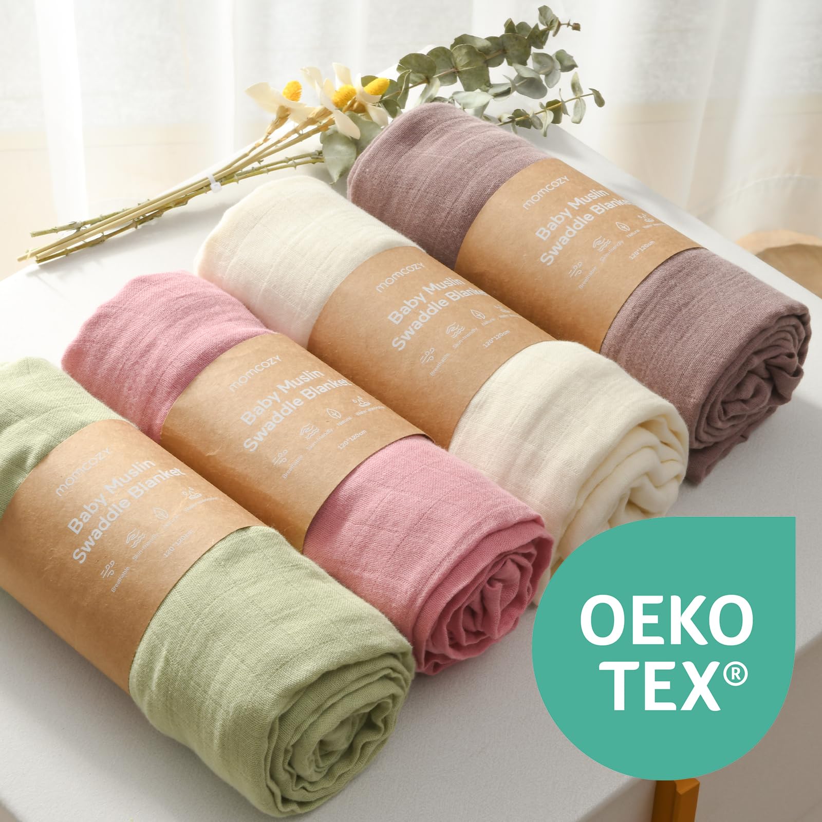 Momcozy muslin swaddle blanket breathable fabric supports comfort and temperature balance.