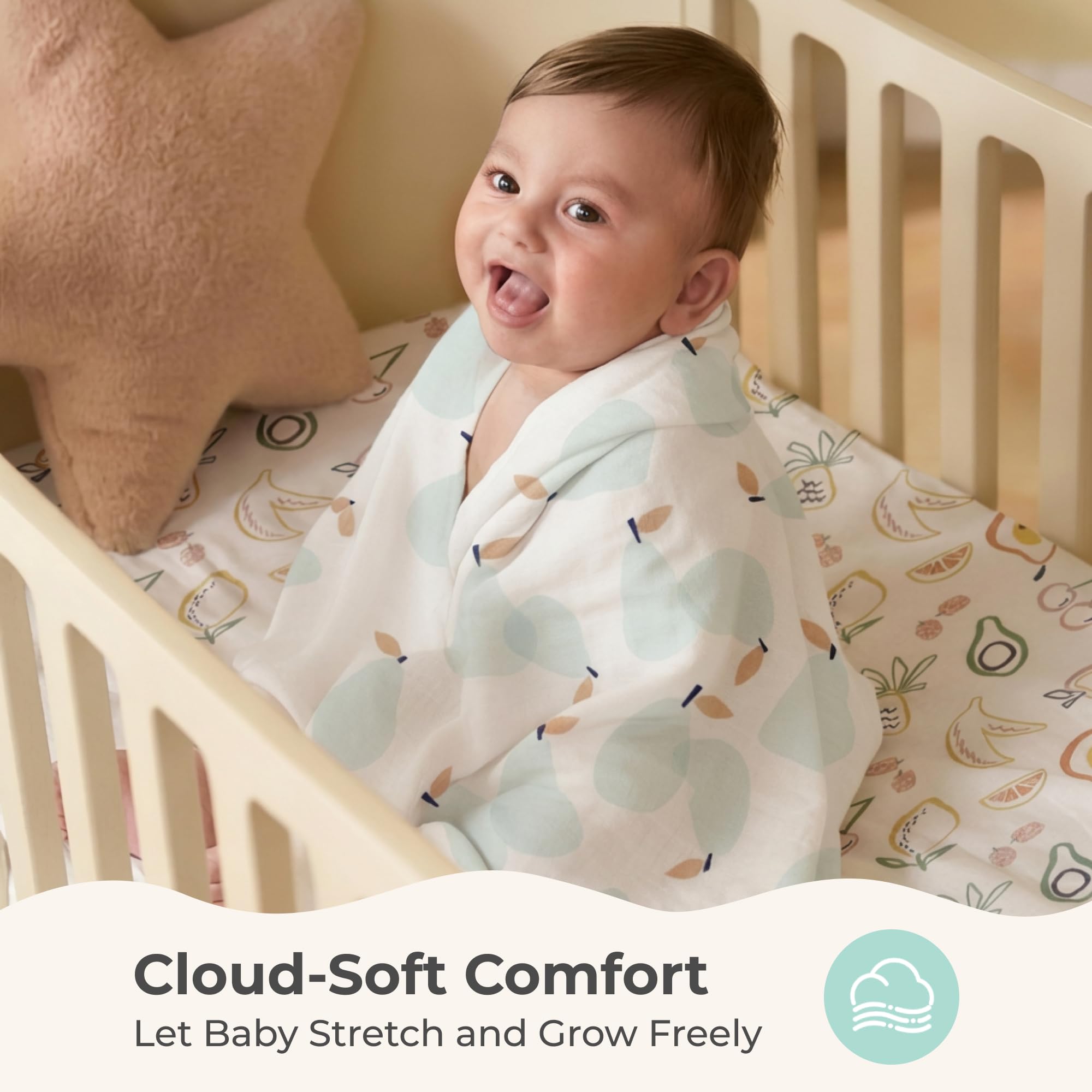 Momcozy muslin swaddle blanket breathable gauze fabric promotes comfortable airflow.
