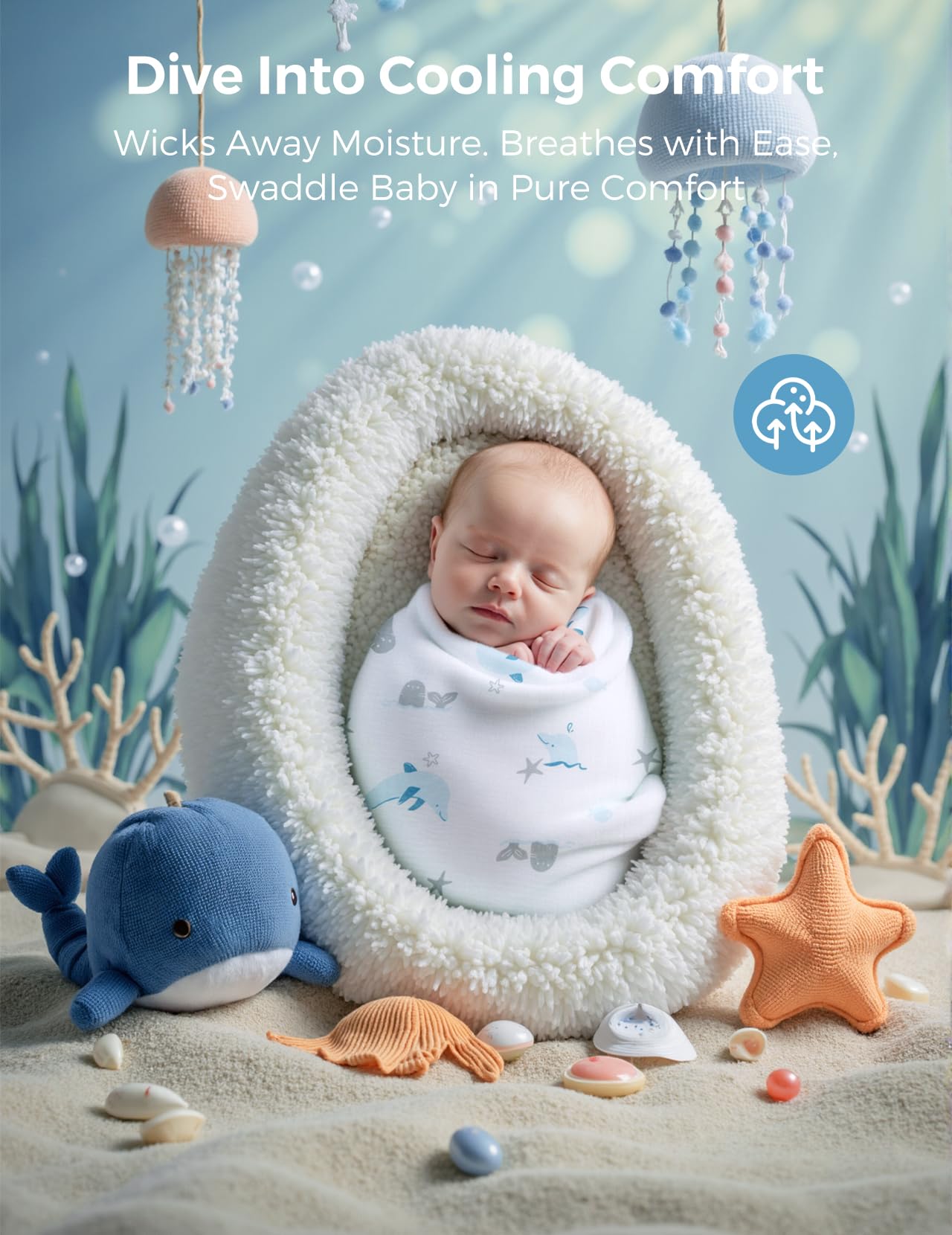 Momcozy 47x47 swaddle in Marine Sea Sprite Magic offers wide coverage for secure wrapping.