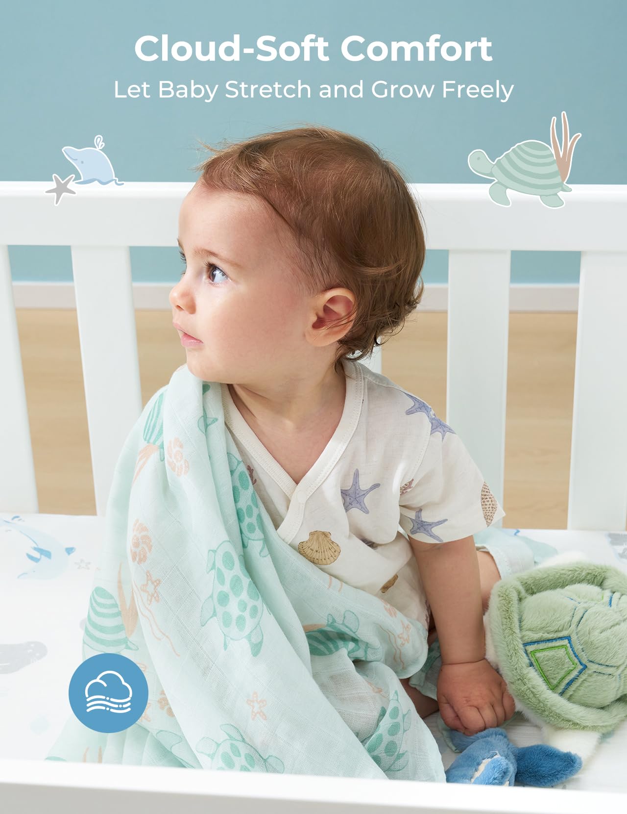 Multi-use design in Marine Sea Sprite Magic for swaddling, nursing cover, or sun shade.