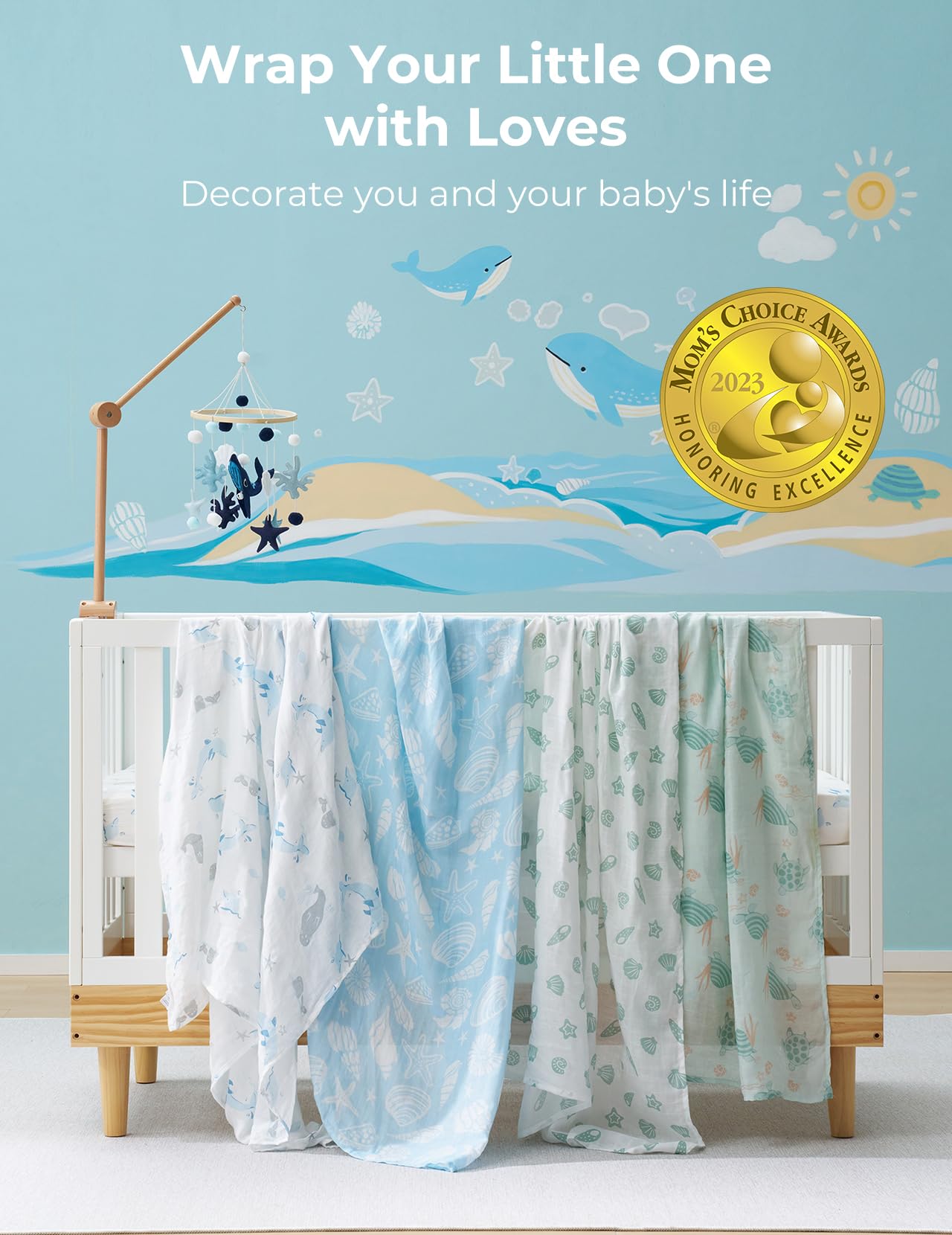 Nursery-ready soft blanket complements crib and stroller setups.