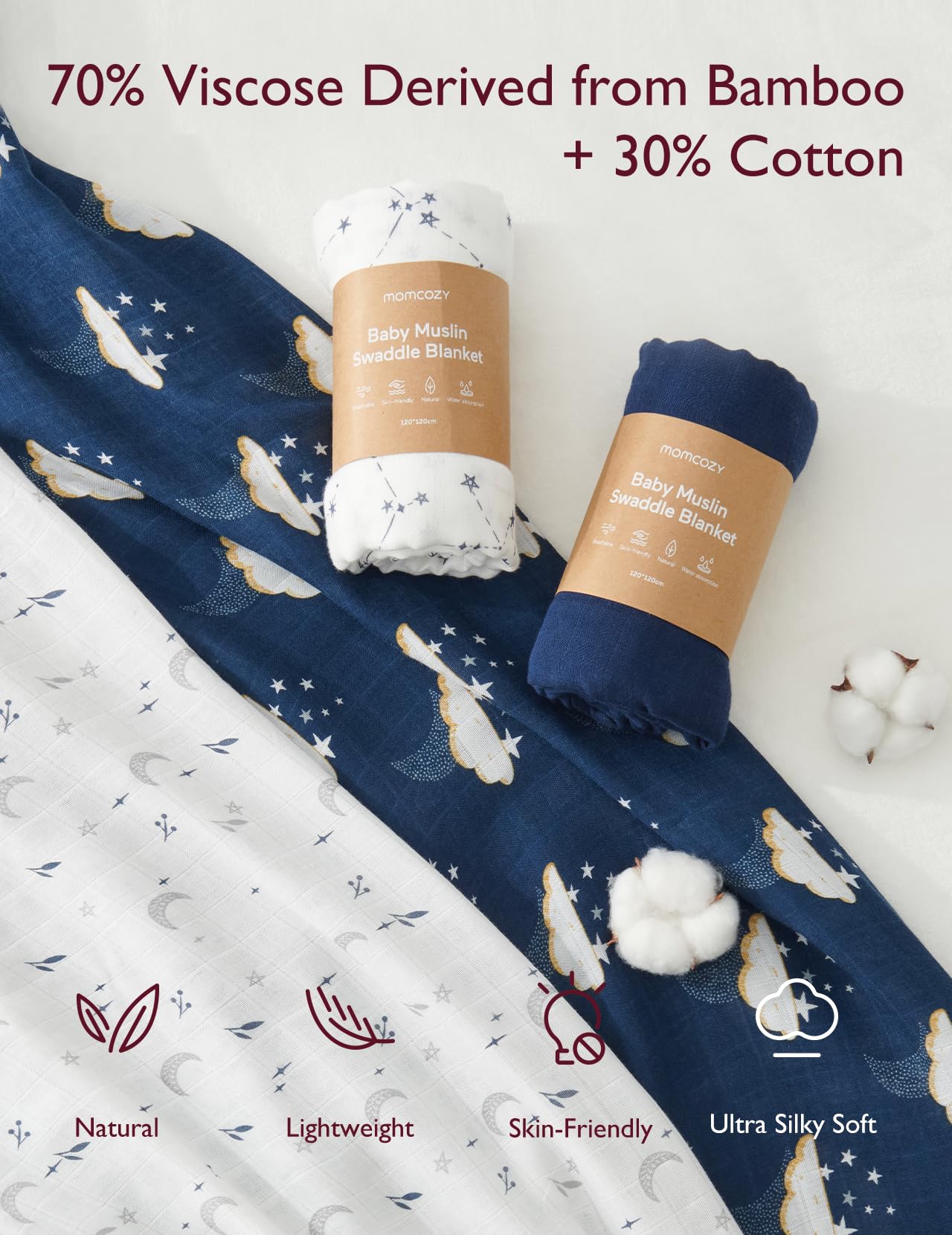 Momcozy muslin swaddle blanket laid flat, 47x47 inches, ideal for versatile wrapping.