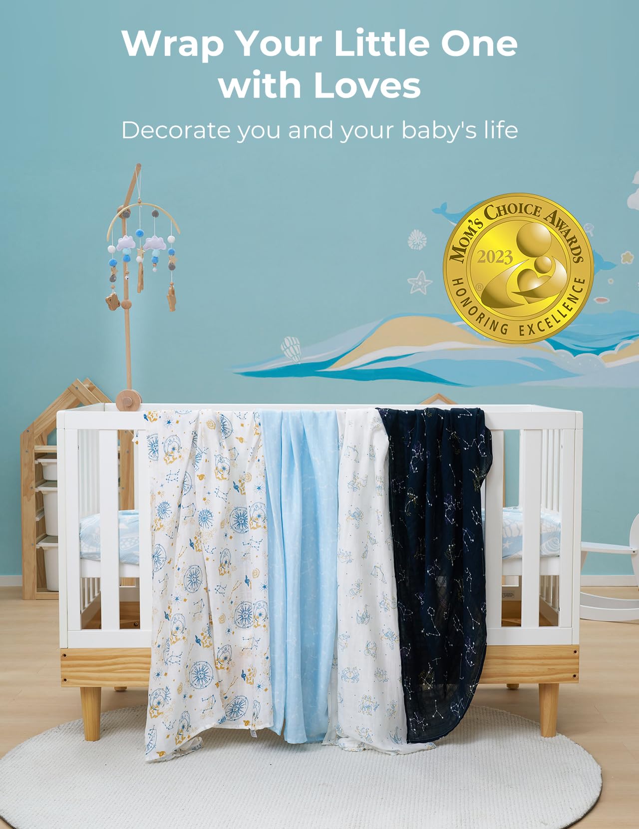 Momcozy Muslin Swaddle Blanket — enhances nursery decor with soothing tones.