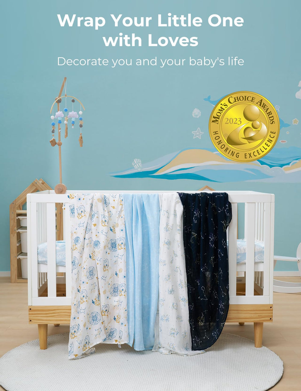 Momcozy Muslin Swaddle Blanket — enhances nursery decor with soothing tones.