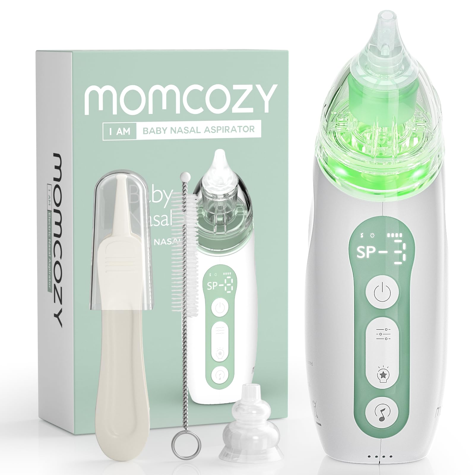 Momcozy nasal aspirator with baby for gentle nasal cleaning on the go