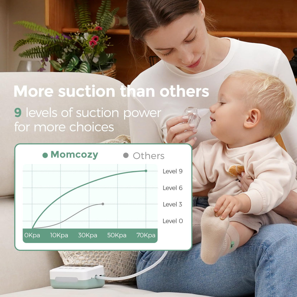 Momcozy nasal aspirator offers nine suction levels for tailored comfort.