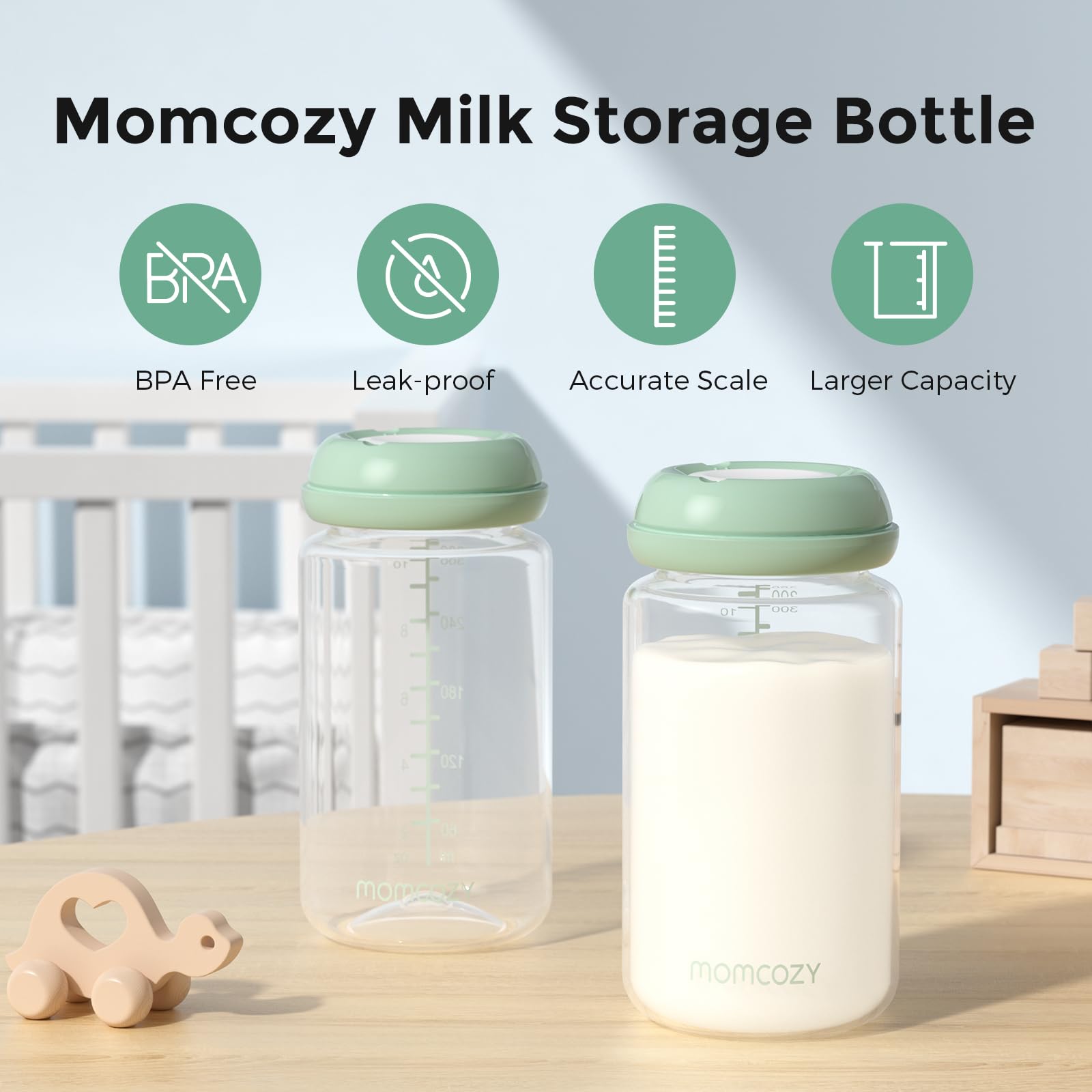 Momcozy natural bottle 11oz capacity supports longer feeds between refills.