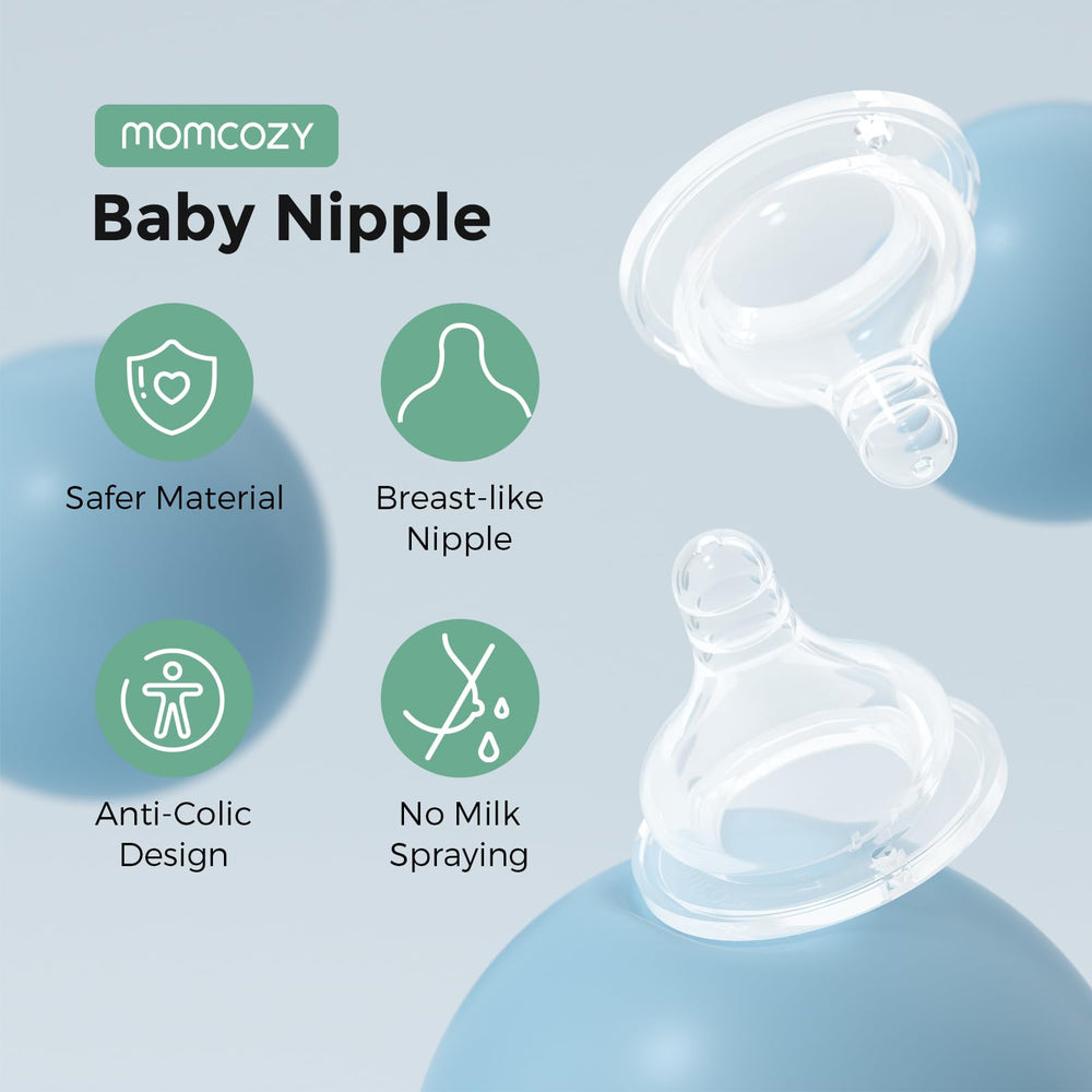 Momcozy natural flow silicone nipple offers a breast-like feel to ease bottle transitions.