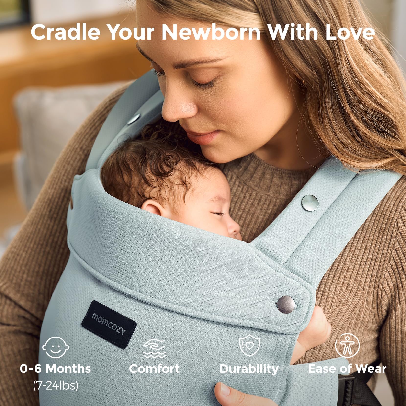 Momcozy newborn carrier airmesh closeup highlights breathability and durability.