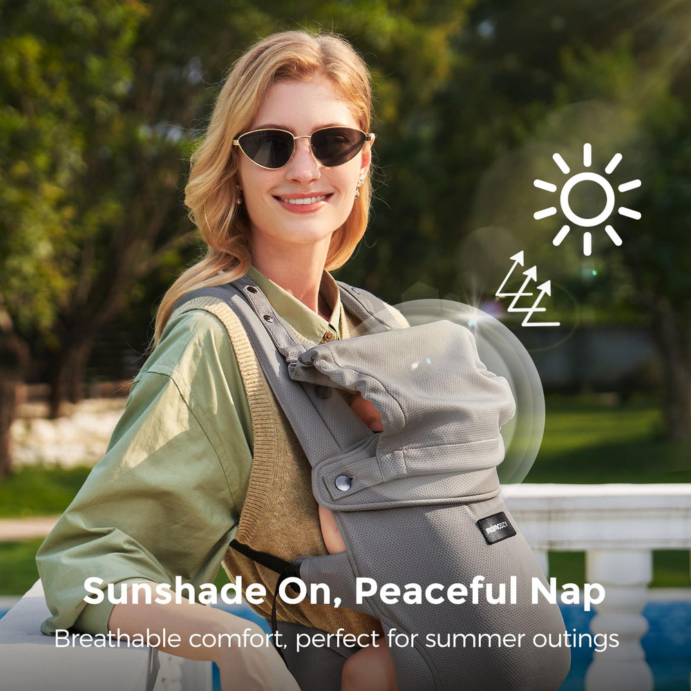 Momcozy carrier shows spine-healthy C shape and hip-healthy M shape for baby