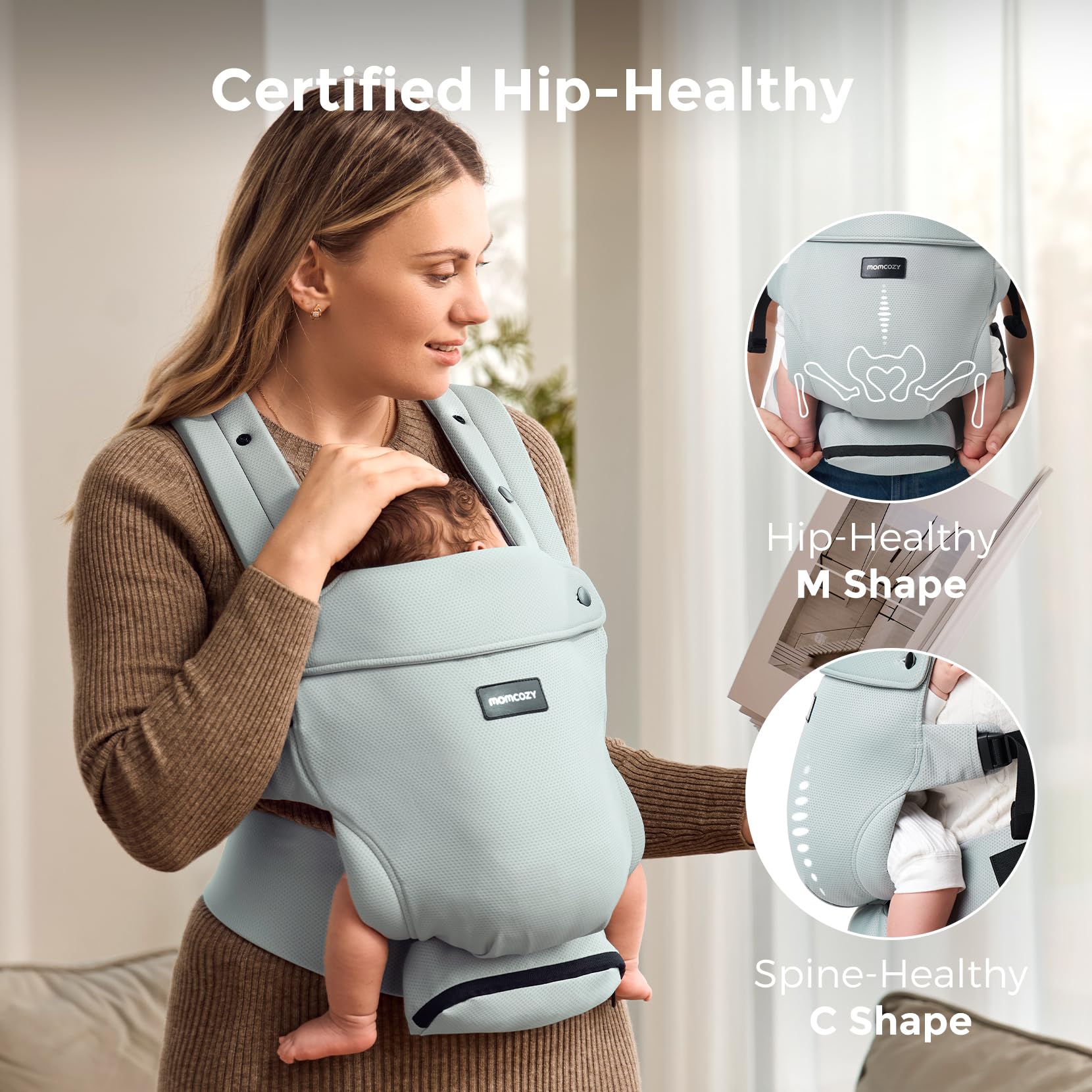 Momcozy three-point support design stabilizes wear across shoulders and waist.