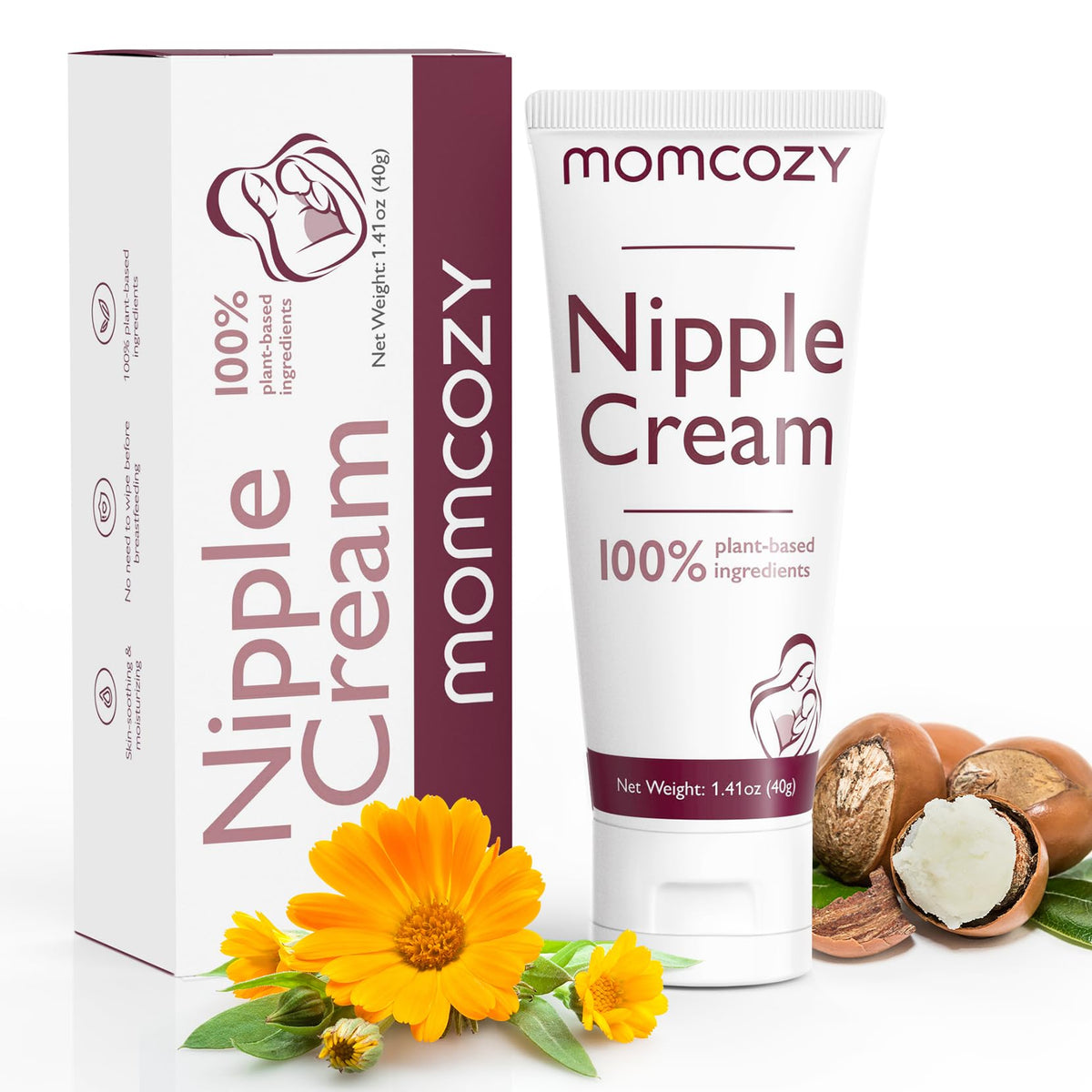 Momcozy nipple cream bottle close-up showing plant-based formula for nursing comfort