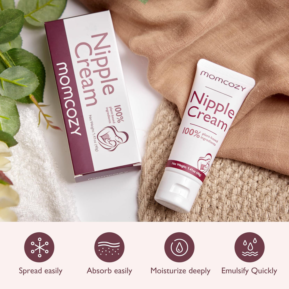 Momcozy nipple cream beside pump accessory shows compatibility as a light lubricant