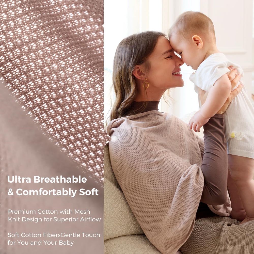 Momcozy brown nursing cover provides full privacy while allowing baby to see outside.
