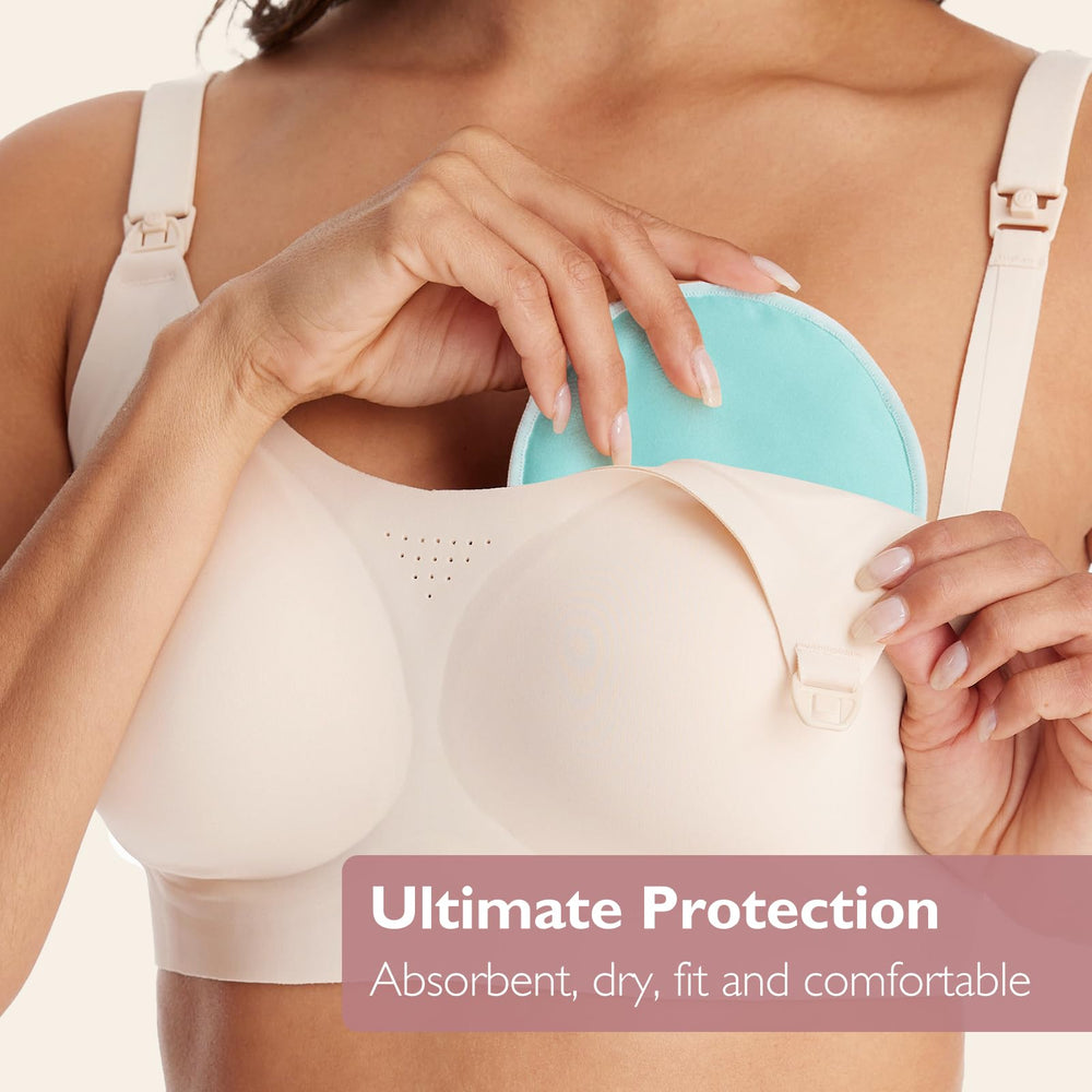 Momcozy thin blue nursing pads for light leakage and invisibility.