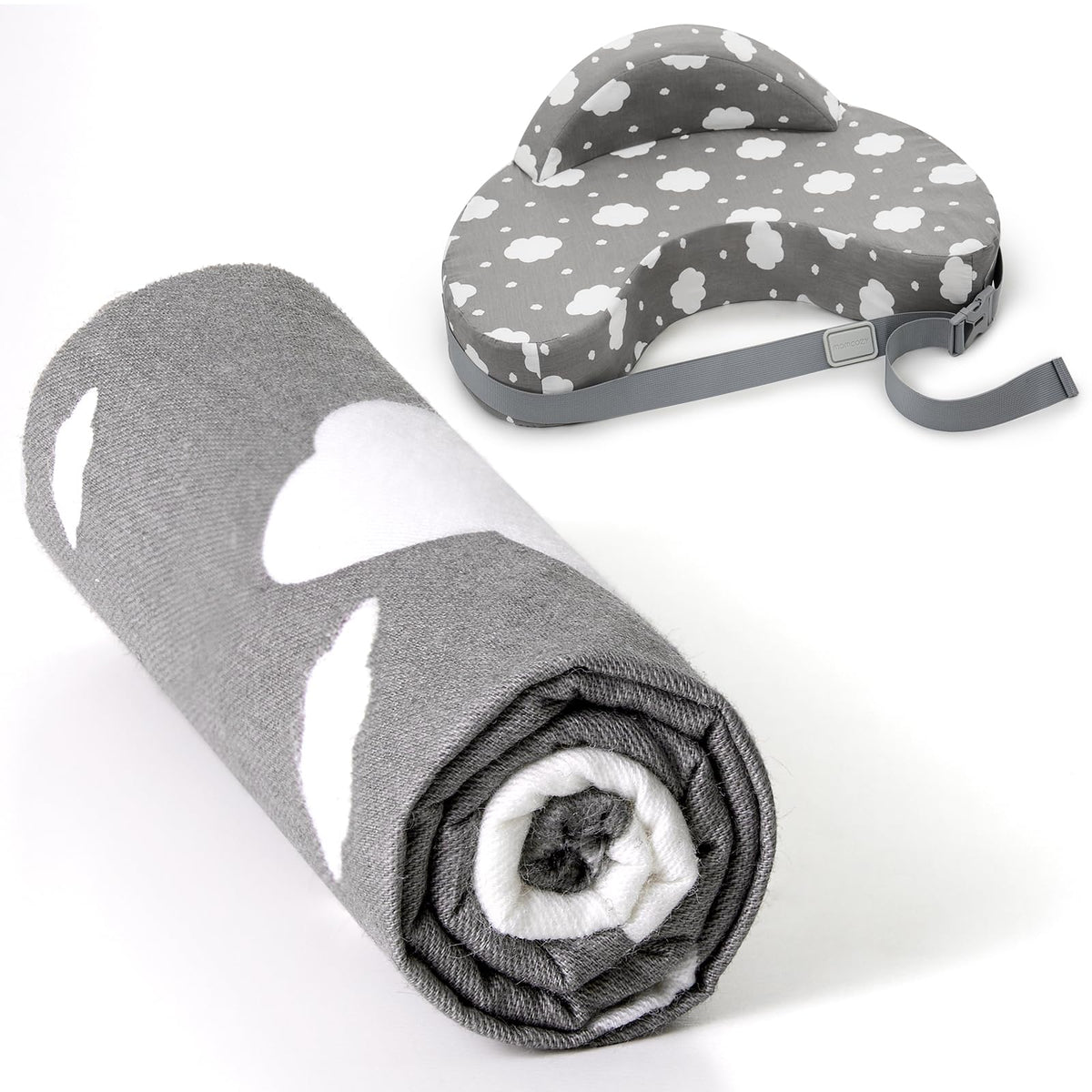 Momcozy nursing pillow cover on memory foam pillow for comfortable latching and easy care.