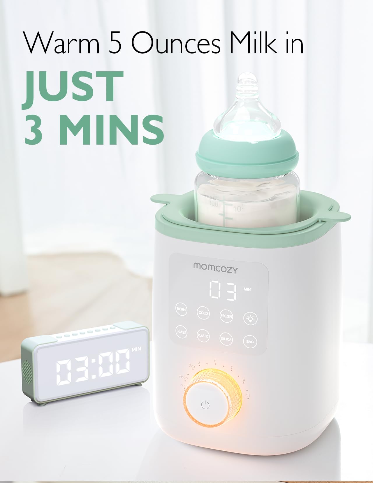 Momcozy Nutri Bottle Warmer one-touch control dial in action for quick feeds