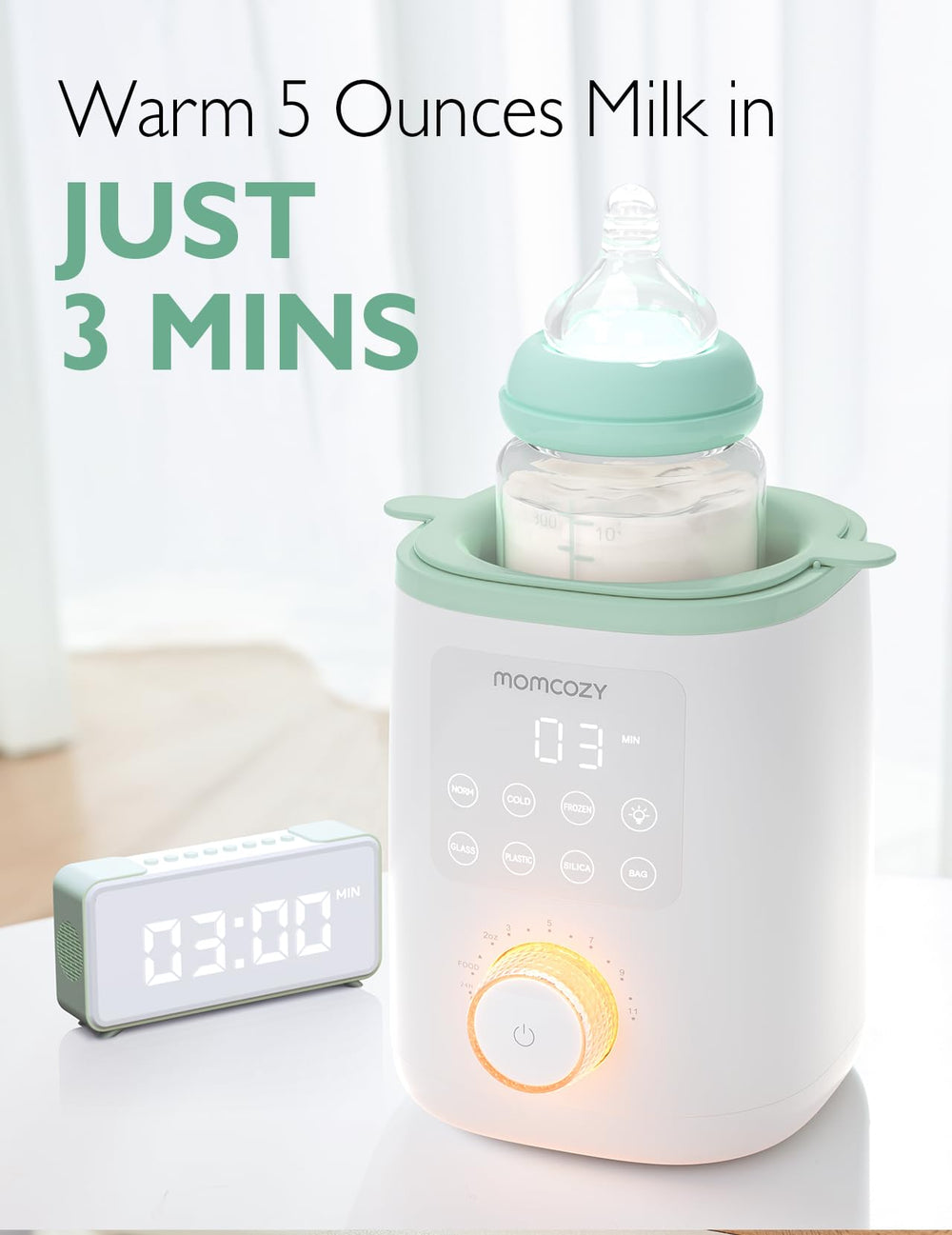 Momcozy Nutri Bottle Warmer one-touch control dial in action for quick feeds