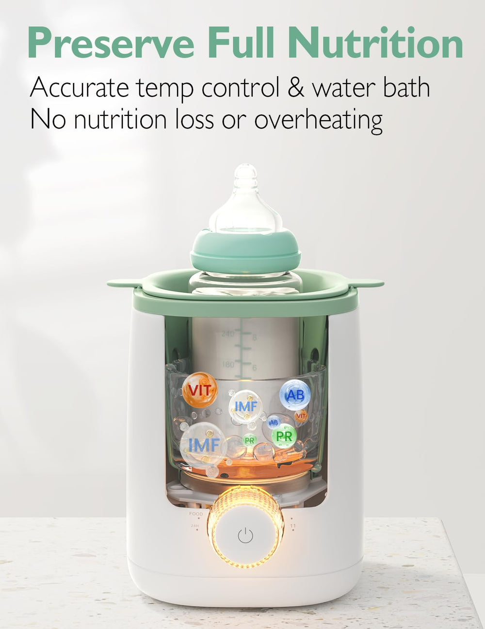 Momcozy Nutri Bottle Warmer water-bath heating illustration demonstrates gentle warming