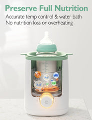 Momcozy Nutri Bottle Warmer water-bath heating illustration demonstrates gentle warming