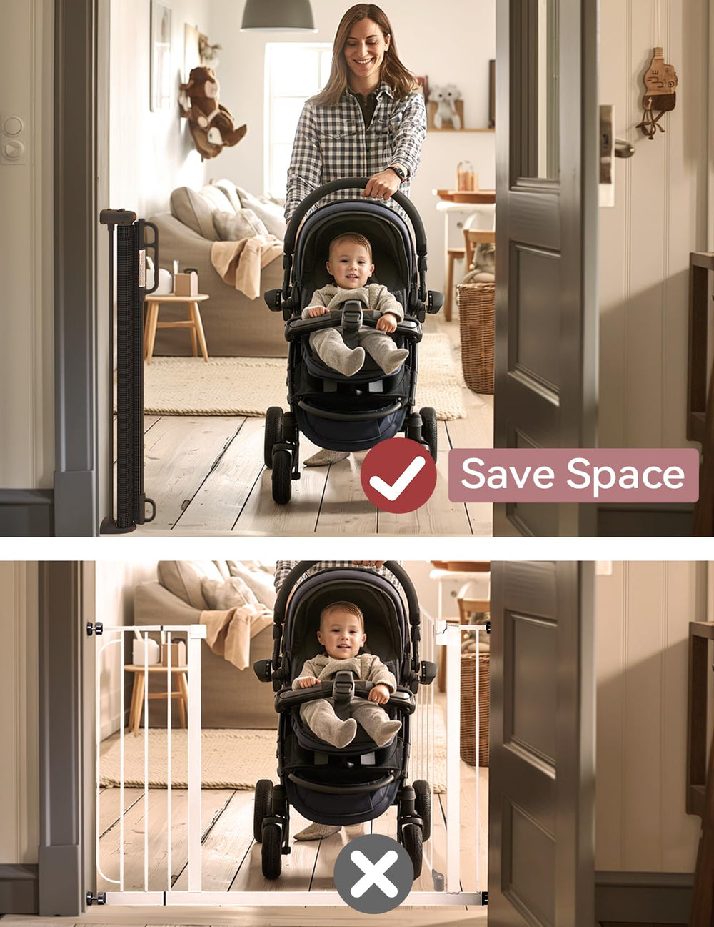 Momcozy one-handed lock gate enables quick setup while carrying a child.
