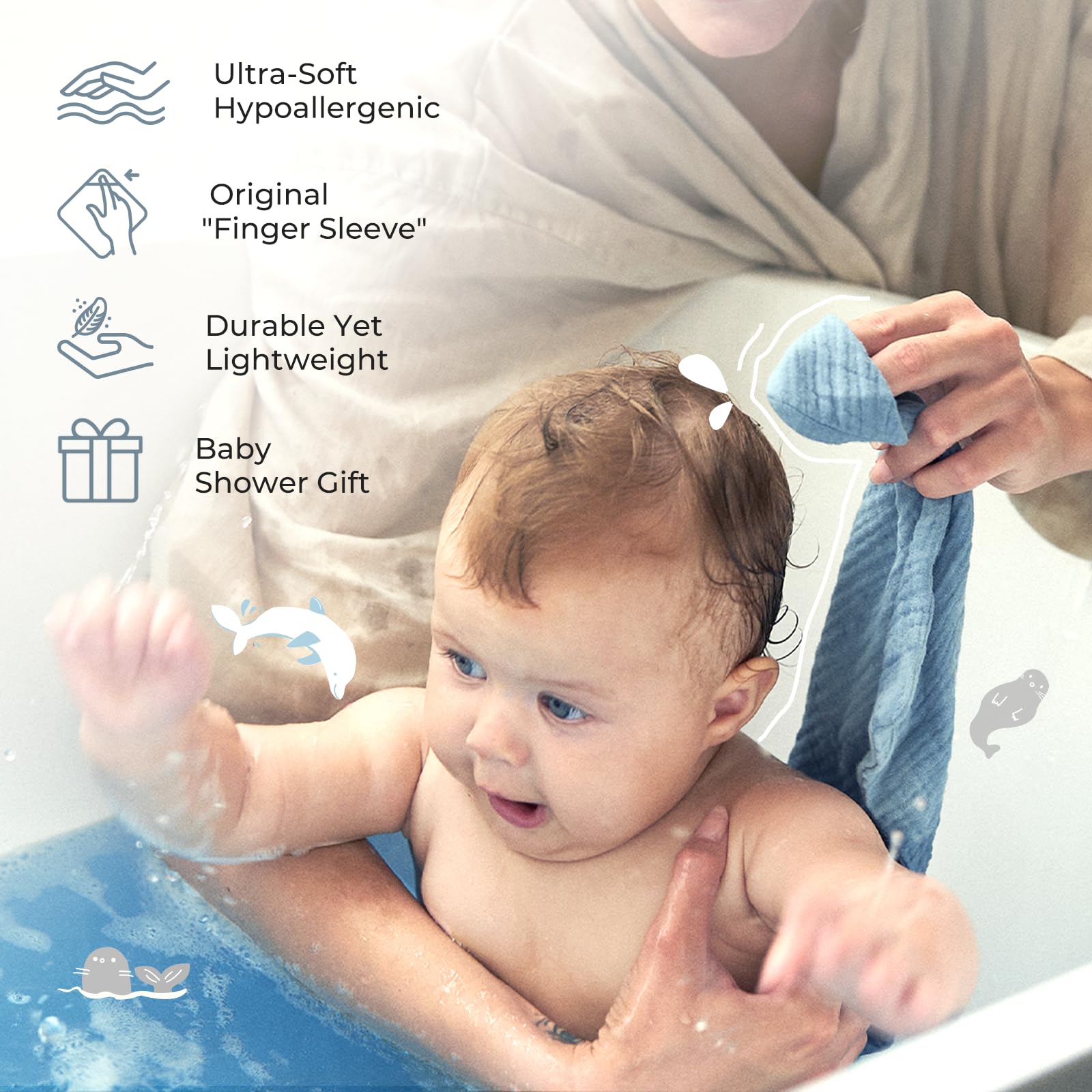 Momcozy finger-sleeve washcloth used during bath for one-handed cleaning.