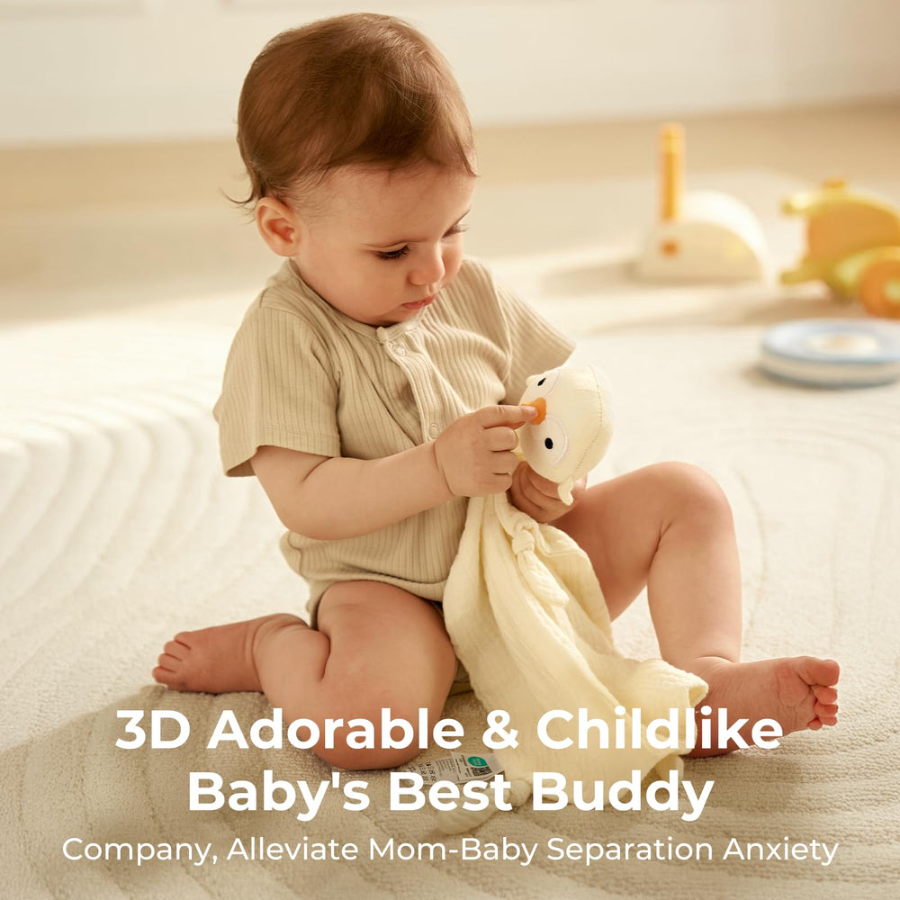 Momcozy Penguin Lovey yellow stroller clip; attach easily for on-the-go comfort.