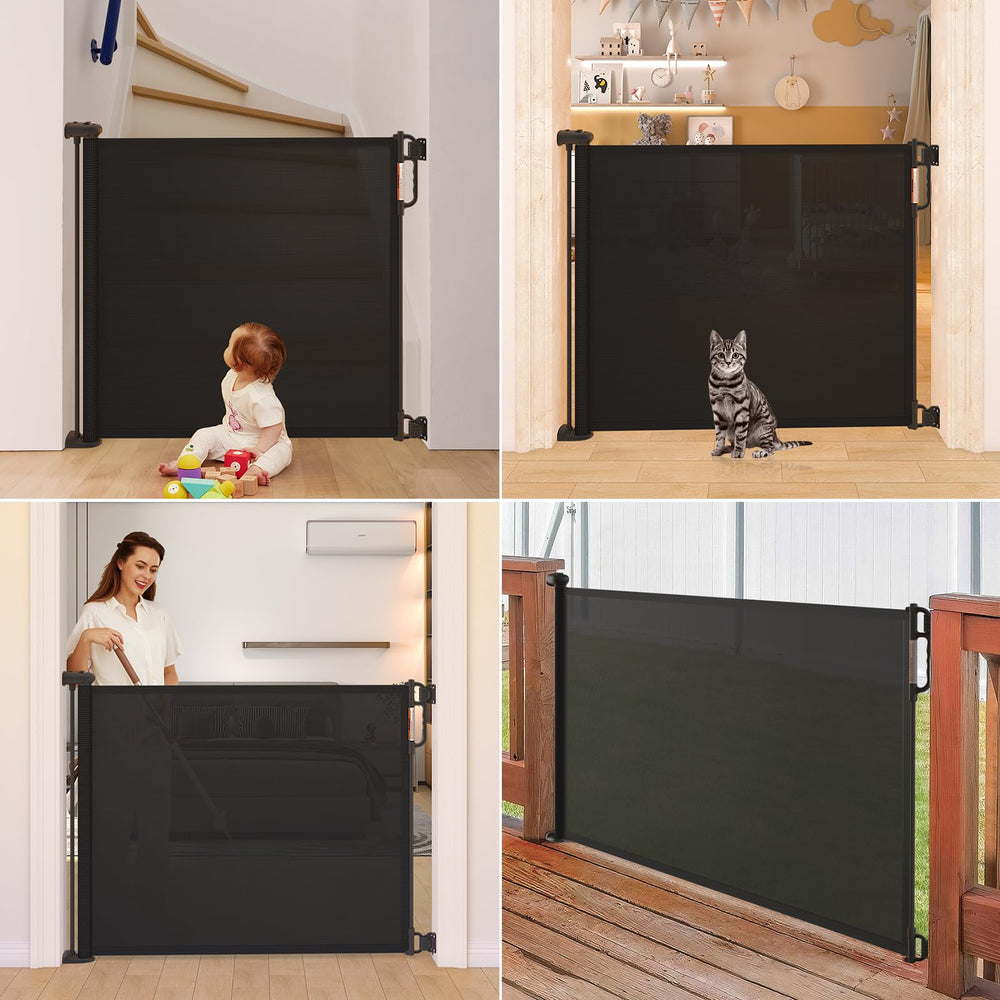 Momcozy pet gate keeps dogs and kids separated safely in hallway or doorway.
