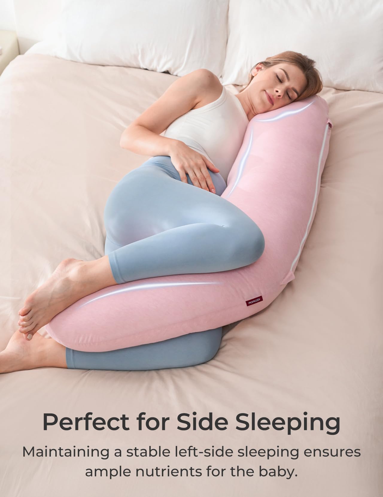 Momcozy adjustable-fill feature demonstrating customizable belly and back support