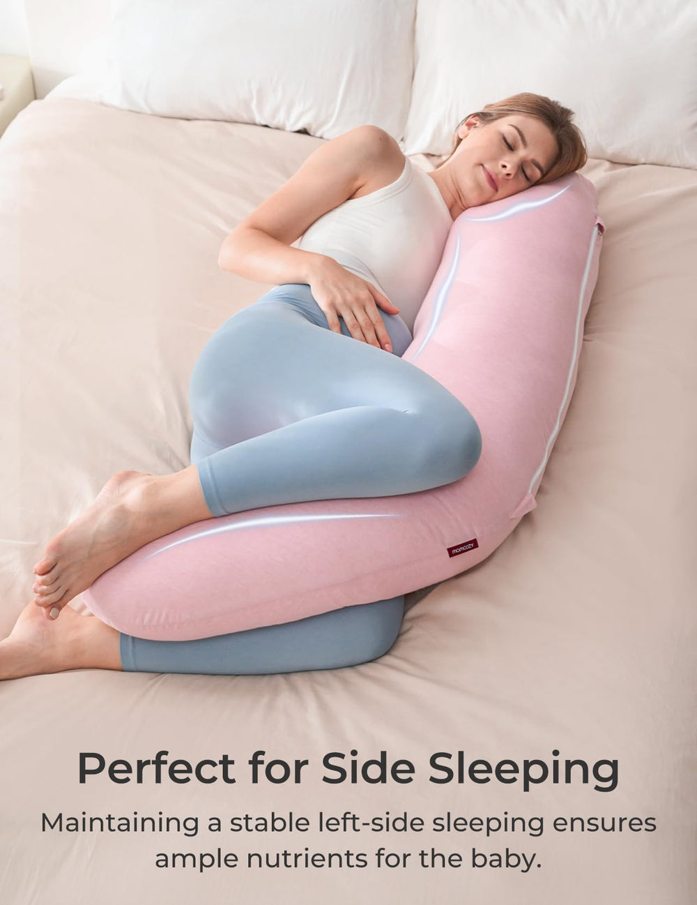 Momcozy adjustable-fill feature demonstrating customizable belly and back support