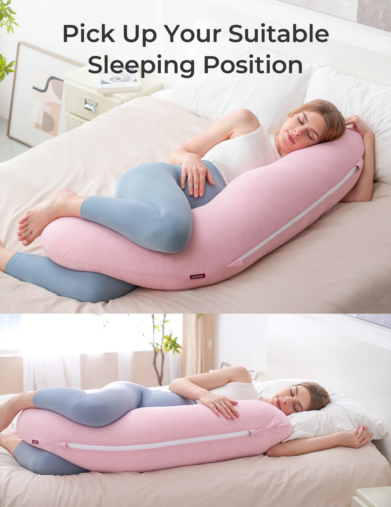 Momcozy full-length pillow detail with durable zipper for cleaning